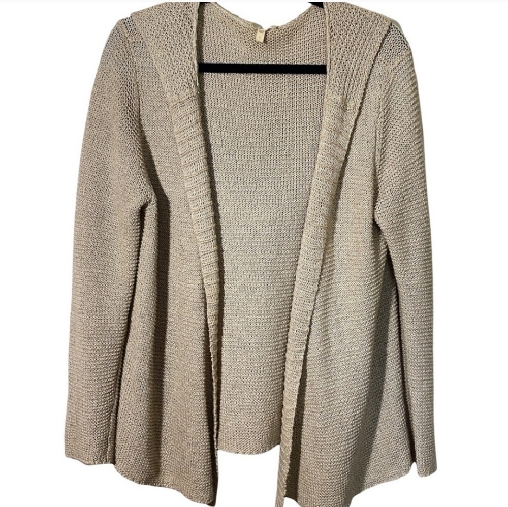 Eileen Fisher Open Cardigan Hoodie Tan Sweater Cotton/Linen Large